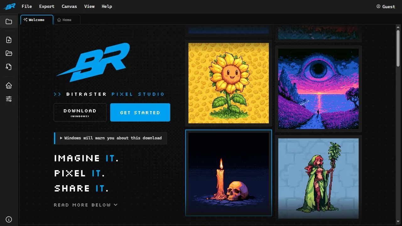 BitRaster Pixel Studio with its blue logo and a gallery of colorful pixel artwork